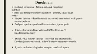 Duodenal hematoma – NG aspiration & parenteral
nutrition
Small duodenal perforation/ laceration – primary single layer
repair
 1st part injuries – debridement & end-to end anastomosis with gastric
antrum/ pylorus
 2nd part injuries – patch with vascularized jejunal graft.
 Injuries b/w Ampulla of vater and SMA- Roux-en-Y
Duodenojujonostomy
 Distal 3rd & 4th part injuries – resection and anastomosis(
Duodenojuonostomy) on Lt side of Superior mesenteric vessels.
 Pyloric exclusion – high risk, complex duodenal repairs
Duodenum
 