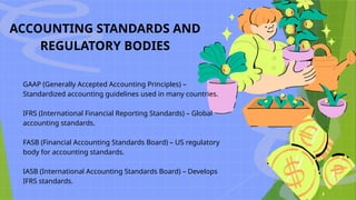ACCOUNTING STANDARDS AND
REGULATORY BODIES
GAAP (Generally Accepted Accounting Principles) –
Standardized accounting guidelines used in many countries.
IFRS (International Financial Reporting Standards) – Global
accounting standards.
FASB (Financial Accounting Standards Board) – US regulatory
body for accounting standards.
IASB (International Accounting Standards Board) – Develops
IFRS standards.
 