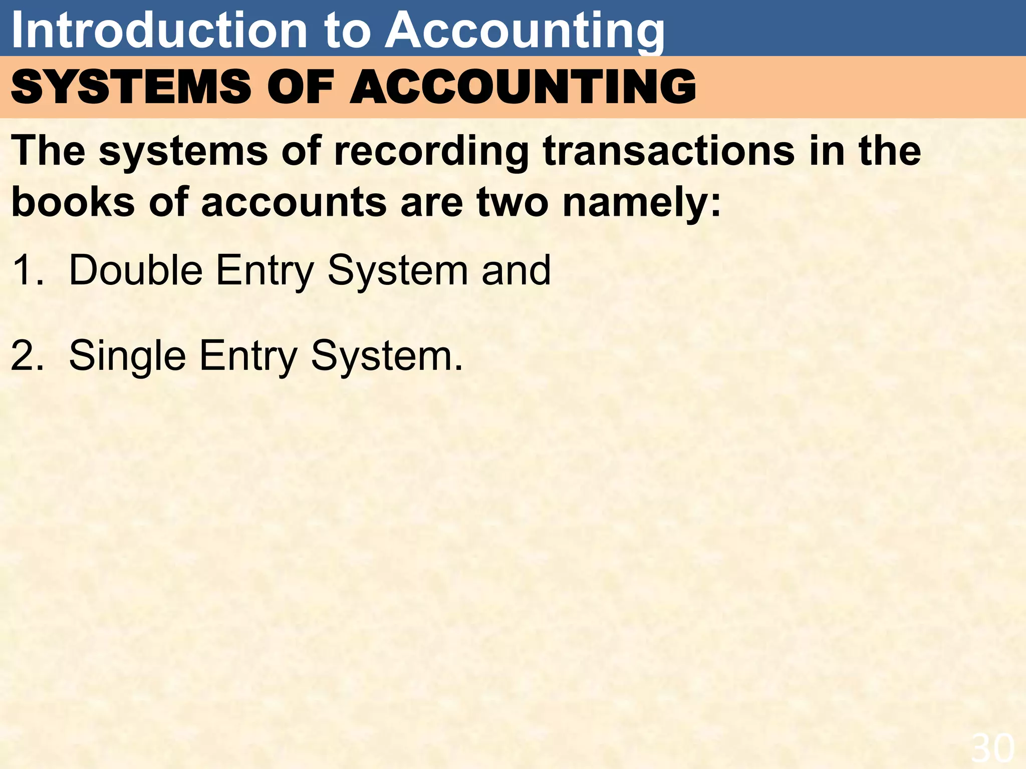 Introduction to Accounting
SYSTEMS OF ACCOUNTING
The systems of recording transactions in the
books of accounts are two namely:
1. Double Entry System and
2. Single Entry System.
30
 