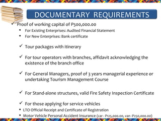 DOCUMENTARY REQUIREMENTS
 Proof of working capital of P500,000.00



For Existing Enterprises: Audited Financial Statement
For New Enterprises: Bank certificate

 Tour packages with itinerary
 For tour operators with branches, affidavit acknowledging the
existence of the branch office
 For General Managers, proof of 3 years managerial experience or
undertaking Tourism Management Course
 For Stand-alone structures, valid Fire Safety Inspection Certificate
 For those applying for service vehicles
 LTO Official Receipt and Certificate of Registration
 Motor Vehicle Personal Accident Insurance (car - P125,000.00, van -P250,000.00)

 