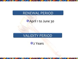 RENEWAL PERIOD
April 1 to June 30

VALIDITY PERIOD
2 Years

 