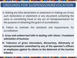 GROUNDS FOR SUSPENSION/REVOCATION
A. Making any false declaration or statement or making use of any
such declaration or statement or any document containing the
same or committing fraud or any act of misrepresentation for
the purpose of obtaining the grant of accreditation
B. Failure to maintain the standards and requirements for
accreditation
C. Gross and evident bad faith in dealing with clients / fraudulent
solicitation of business
D. Tolerance of gross misconduct, discourtesy, dishonesty or
misrepresentation committed by any of the operator’s officers
or employees against its clients to the deterrent of the tourism
industry

 