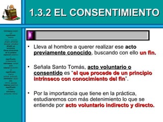 1.3.2 EL CONSENTIMIENTO1.3.2 EL CONSENTIMIENTO
• Lleva al hombre a querer realizar ese actoacto
previamente conocidopreviamente conocido, buscando con ello un fin.un fin.
• Señala Santo Tomás, acto voluntario oacto voluntario o
consentidoconsentido es “el que procede de un principioel que procede de un principio
intrínseco con conocimiento del finintrínseco con conocimiento del fin”.
• Por la importancia que tiene en la práctica,
estudiaremos con más detenimiento lo que se
entiende por acto voluntario indirecto y directo.acto voluntario indirecto y directo.
intrínsecointrínseco [adjeti[adjeti
vo]vo]
significadosignificado::
interiorinterior
íntimoíntimo,, esencialesencial
,, propiopropio,, personalpersonal,,
peculiarpeculiar,, privativoprivativo
Añadir unAñadir un
sinónimosinónimo
Otros sinónimosOtros sinónimos
de la palabrade la palabra
esencialesencial [adjetivo[adjetivo
]]
significadosignificado::
fundamentalfundamental
intrínsecointrínseco,, inmaninman
enteente
interiorinterior [sustantiv[sustantiv
o]o]
significadosignificado::
internointerno
centralcentral,, profundoprofundo,,
intrínsecointrínseco,, recónrecón
ditodito,,
íntimo,íntimo, secretosecreto
internointerno [adjetivo][adjetivo]
significadosignificado::
interiorinterior
intrínsecointrínseco,,
profundo, íntimoprofundo, íntimo
 