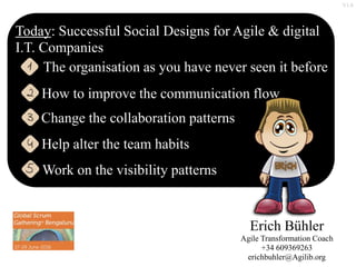 How to improve the communication flow
Change the collaboration patterns
Help alter the team habits
The organisation as you have never seen it before
Work on the visibility patterns
Erich Bühler
Agile Transformation Coach
+34 609369263
erichbuhler@Agilib.org
Today: Successful Social Designs for Agile & digital
I.T. Companies
V1.0
 