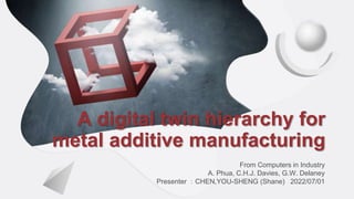 From Computers in Industry
A. Phua, C.H.J. Davies, G.W. Delaney
Presenter ：CHEN,YOU-SHENG (Shane) 2022/07/01
A digital twin hierarchy for
metal additive manufacturing
 