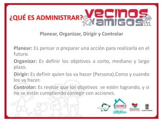 ¿QUÉ ES ADMINISTRAR?
Planear, Organizar, Dirigir y Controlar
Planear: Es pensar o preparar una acción para realizarla en el
futuro.
Organizar: Es definir los objetivos a corto, mediano y largo
plazo.
Dirigir: Es definir quien los va hacer (Persona).Como y cuando
los va hacer.
Controlar: Es revisar que los objetivos se estén logrando, y si
no se están cumpliendo corregir con acciones.

 