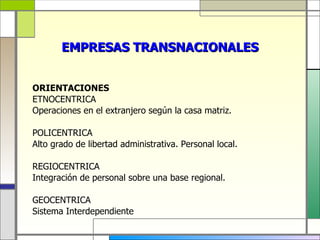 EMPRESAS TRANSNACIONALES


ORIENTACIONES
ETNOCENTRICA
Operaciones en el extranjero según la casa matriz.

POLICENTRICA
Alto grado de libertad administrativa. Personal local.

REGIOCENTRICA
Integración de personal sobre una base regional.

GEOCENTRICA
Sistema Interdependiente
 