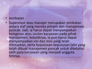 • Jembatan
• Supervisor atau manajer merupakan jembatan
antara staf yang mereka pimpin dan manajemen
puncak. Jadi, ia harus dapat menyampaikan
keinginan atau usulan karyawan pada pihak
manajemen. Sebaliknya, ia pun harus dapat
menyampaikan visi dan misi yang telah
ditetapkan, serta keputusan-keputusan lalin yang
telah dibuat manajemen puncak untuk diketahui
oelh para karyawan yang menjadi anggota
timnya.
 