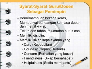 Syarat-Syarat Guru/Dosen
Sebagai Pemimpin
– Berkemampuan bekerja keras,
– Mempunyai pandangan ke masa depan
dan memiliki visi,
– Tekun dan tabah, tak mudah putus asa,
– Memiliki disiplin,
– Memiliki sikap kepelayanan yang
• Care (Kepedulian)
• Courtesy (Sopan, Berbudi)
• Concern (Perhatian yang besar)
• Friendliness (Sikap bersahabat)
• Helpfulness (Sedia membantu)
 