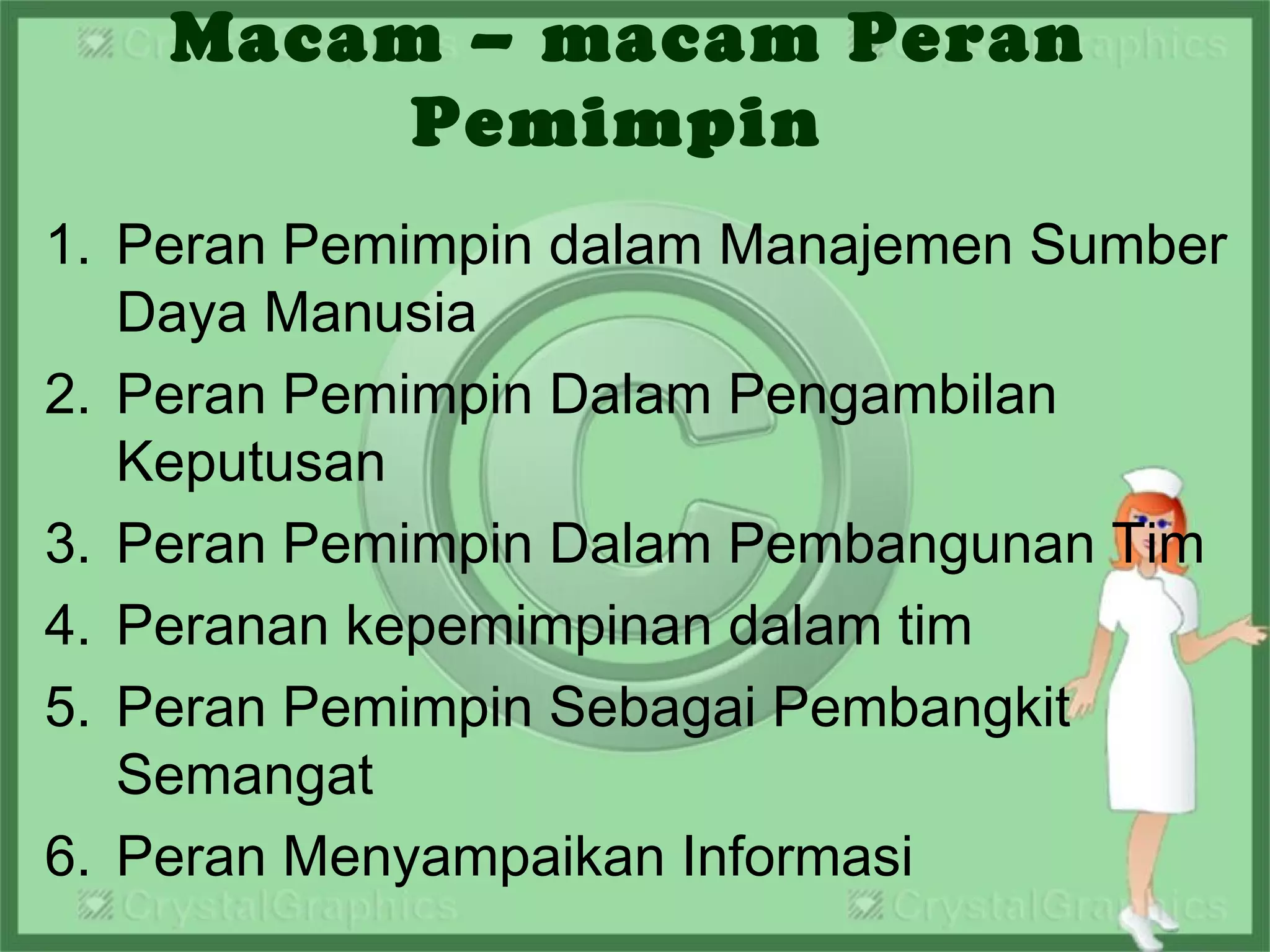 Macam – macam Peran
Pemimpin
1. Peran Pemimpin dalam Manajemen Sumber
Daya Manusia
2. Peran Pemimpin Dalam Pengambilan
Keputusan 
3. Peran Pemimpin Dalam Pembangunan Tim
4. Peranan kepemimpinan dalam tim
5. Peran Pemimpin Sebagai Pembangkit
Semangat
6. Peran Menyampaikan Informasi
 