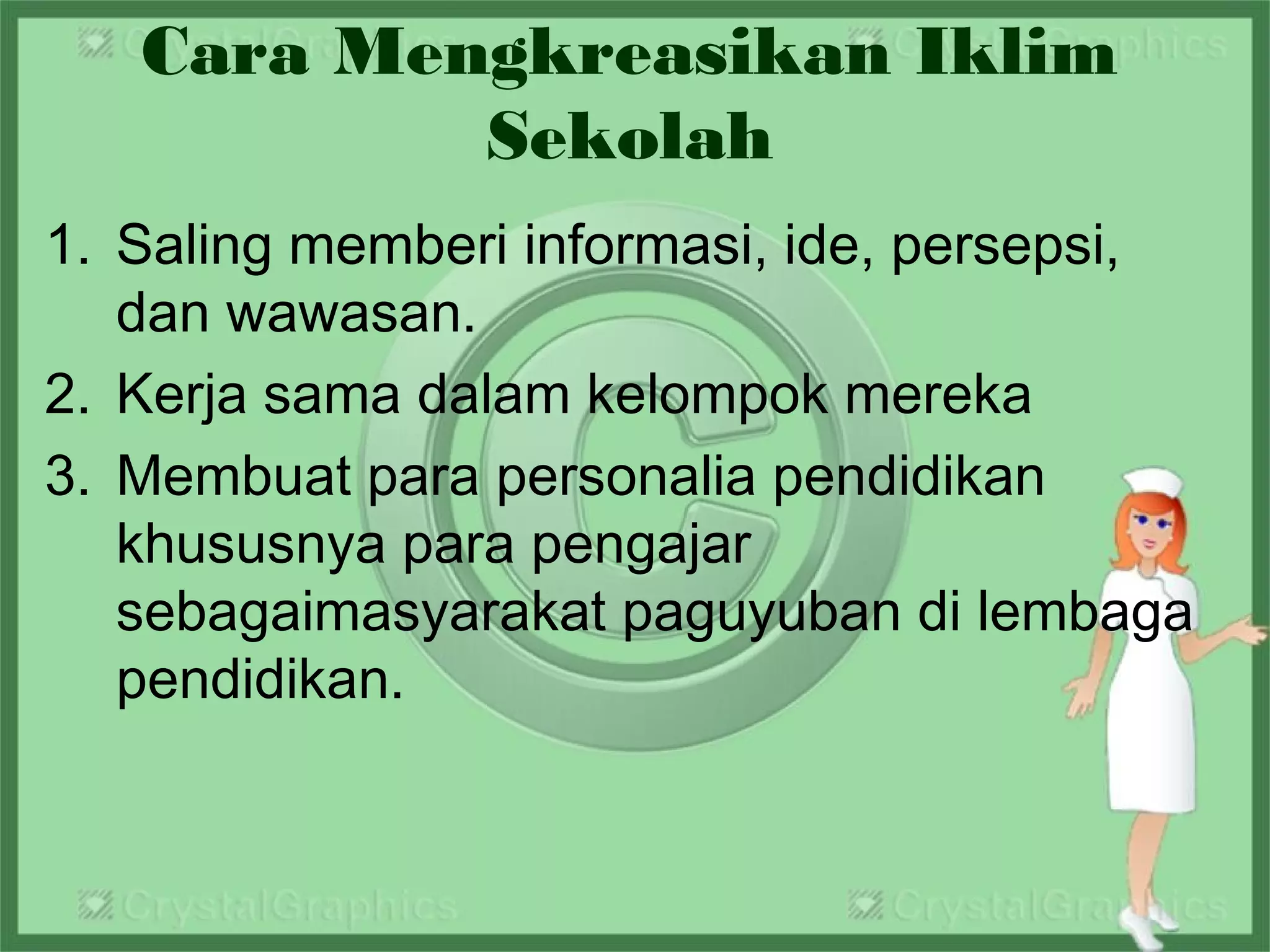 Cara Mengkreasikan Iklim
Sekolah
1. Saling memberi informasi, ide, persepsi,
dan wawasan.
2. Kerja sama dalam kelompok mereka
3. Membuat para personalia pendidikan
khususnya para pengajar
sebagaimasyarakat paguyuban di lembaga
pendidikan.
 