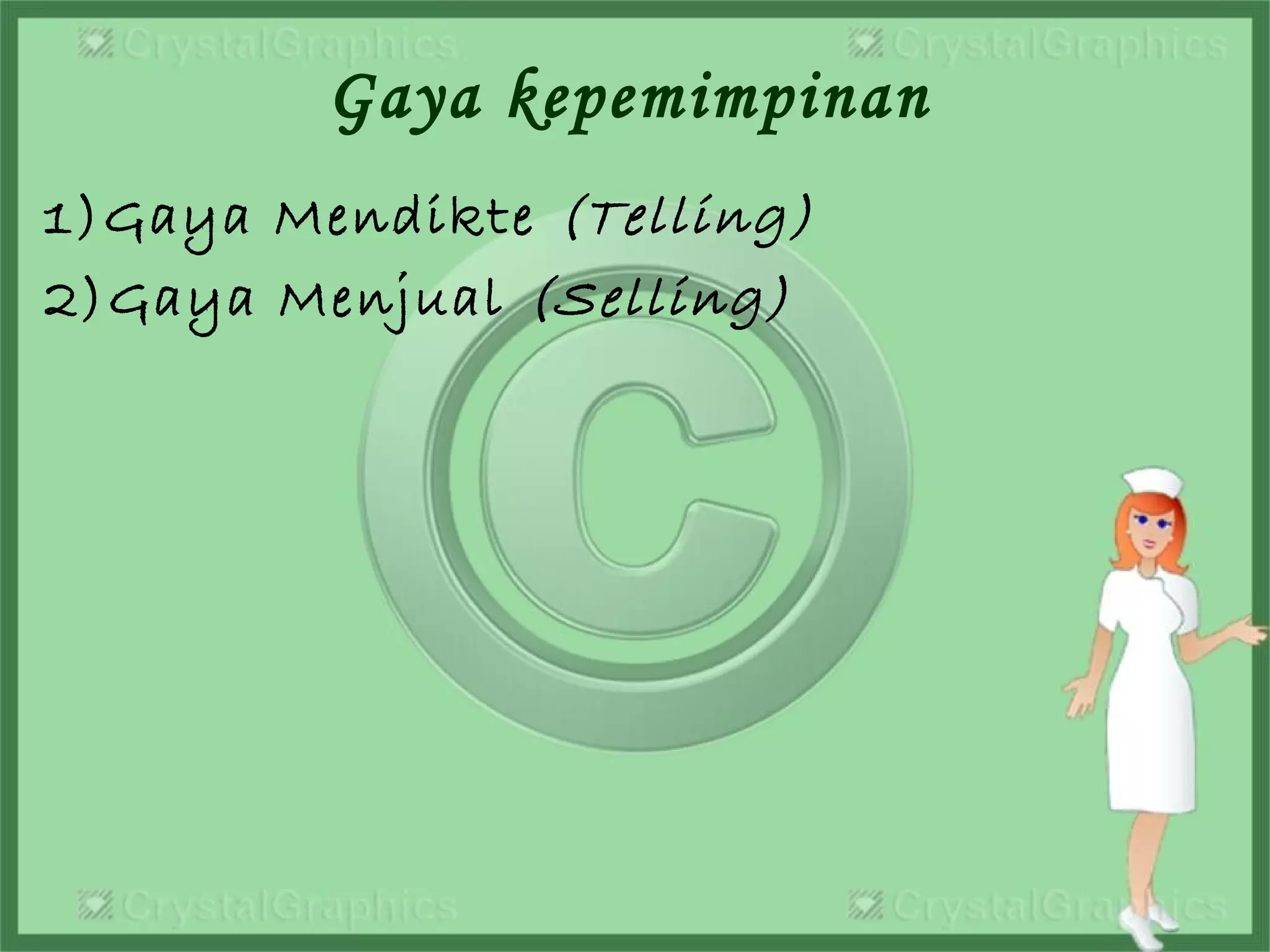 Gaya kepemimpinan
1)Gaya Mendikte (Telling)
2)Gaya Menjual (Selling)
 