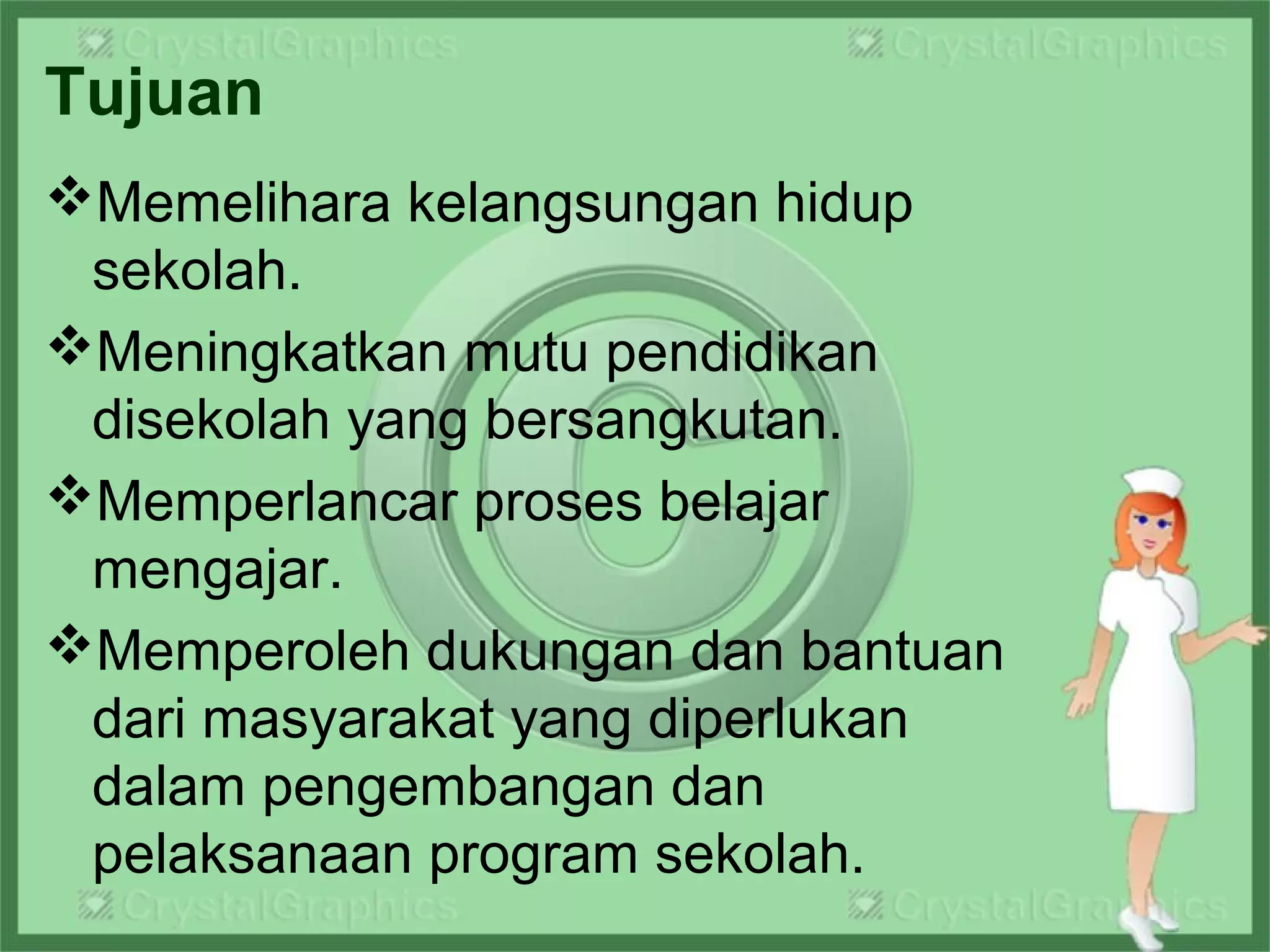 Tujuan
Memelihara kelangsungan hidup
sekolah.
Meningkatkan mutu pendidikan
disekolah yang bersangkutan.
Memperlancar proses belajar
mengajar.
Memperoleh dukungan dan bantuan
dari masyarakat yang diperlukan
dalam pengembangan dan
pelaksanaan program sekolah.
 