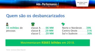 Fonte: Instituto Data Popular
Quem são os desbancarizados
classe A.......06 MM
classe B.......29 MM
classe C.......20 MM
Norte e Nordeste......39%
Centro Oeste.............31%
Sul e Sudeste.............30%
55 milhões de
pessoas
Movimentaram R$665 bilhões em 2018.
João Pedro Tonini
WIRECARD
 