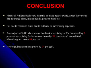 CONCLUSIONCONCLUSION
 Financial Advertising is very essential to make people aware. about the variousFinancial Advertising is very essential to make people aware. about the various
life insurance plans, mutual funds, pension plans etc.life insurance plans, mutual funds, pension plans etc.
 But due to recession firms had to cut back on advertising expenses.But due to recession firms had to cut back on advertising expenses.
 An analysis of AdEx data, shows that bank advertising on TV decreased byAn analysis of AdEx data, shows that bank advertising on TV decreased by 33
per cent, advertising for loans went down byper cent, advertising for loans went down by 3939 per cent and mutual fundper cent and mutual fund
advertising was downadvertising was down 8484 percent.percent.
 However, insurance has grown byHowever, insurance has grown by 7474 per cent.per cent.
 