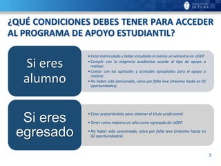 3
¿QUÉ CONDICIONES DEBES TENER PARA ACCEDER
AL PROGRAMA DE APOYO ESTUDIANTIL?
• Estar matriculado y haber estudiado al menos un semestre en UDEP.
• Cumplir con la exigencia académica acorde al tipo de apoyo a
realizar.
• Contar con las aptitudes y actitudes apropiadas para el apoyo a
realizar.
• No haber sido sancionado, salvo por falta leve (máximo hasta en 02
oportunidades).
Si eres
alumno
•Estar preparándote para obtener el título profesional.
•Tener como máximo un año como egresado de UDEP.
•No haber sido sancionado, salvo por falta leve (máximo hasta en
02 oportunidades).
Si eres
egresado
 
