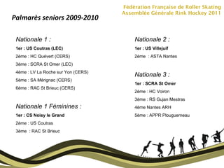 Fédération Française de Roller Skating Assemblée Générale Rink Hockey 2011 Palmarès seniors 2009-2010 Nationale 1 :  1er : US Coutras (LEC) 2ème : HC Quévert (CERS) 3ème : SCRA St Omer (LEC) 4ème : LV La Roche sur Yon (CERS) 5ème : SA Mérignac (CERS) 6ème : RAC St Brieuc (CERS) Nationale 1 Féminines :  1er : CS Noisy le Grand 2ème : US Coutras 3ème  : RAC St Brieuc Nationale 2 : 1er : US Villejuif 2ème  : ASTA Nantes Nationale 3 :  1er : SCRA St Omer 2ème : HC Voiron 3ème : RS Gujan Mestras 4ème Nantes ARH 5ème : APPR Plouguerneau 