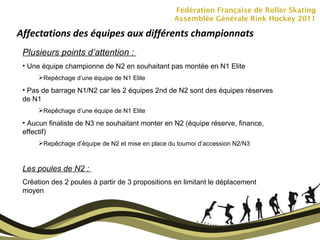 Fédération Française de Roller Skating Assemblée Générale Rink Hockey 2011 Affectations des équipes aux différents championnats Plusieurs points d’attention :  Une équipe championne de N2 en souhaitant pas montée en N1 Elite Repêchage d’une équipe de N1 Elite Pas de barrage N1/N2 car les 2 équipes 2nd de N2 sont des équipes réserves de N1 Repêchage d’une équipe de N1 Elite Aucun finaliste de N3 ne souhaitant monter en N2 (équipe réserve, finance, effectif) Repêchage d’équipe de N2 et mise en place du tournoi d’accession N2/N3 Les poules de N2 :  Création des 2 poules à partir de 3 propositions en limitant le déplacement moyen 