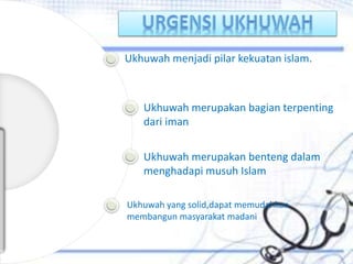 Ukhuwah menjadi pilar kekuatan islam.
Ukhuwah merupakan bagian terpenting
dari iman
Ukhuwah merupakan benteng dalam
menghadapi musuh Islam
Ukhuwah yang solid,dapat memudahkan
membangun masyarakat madani
 