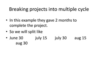 Breaking projects into multiple cycle
• In this example they gave 2 months to
complete the project.
• So we will split like
• June 30 july 15 july 30 aug 15
aug 30
 