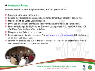 Animation du Réseau
Développement de la stratégie de reconquête des prestataires :

  Guide du partenaire (adhérents)
  Gestion des disponibilités en période estivale (chambres et hôtels adhérents)
  Module Point de Vente Gîte de France
  Envoi des extractions animations Tourinsoft aux partenaires et aux mairies
  Bourse d’échange de dépliants et éductour co-organisés le 22 mai 2012 avec l’OT
  d’Auffay - Trois Rivières à Val de Saâne
  Diagnostic numérique de territoire
  Développement du site Internet Pro www.qsv-pro-tourisme.com (51 visiteurs
  uniques et 506 pages vues)
  Formation prestataires sur le thème des réseaux sociaux en partenariat avec le
  CLIC Normandie et l’OT d’Auffay 3 Rivières




                                Office de Tourisme de Quiberville-sur-Mer, Saâne et Vienne
                                              www.cc-saaneetvienne.fr/tourisme
 