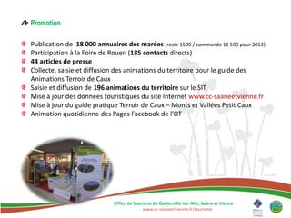 Promotion

Publication de 18 000 annuaires des marées (reste 1500 / commande 16 500 pour 2013)
Participation à la Foire de Rouen (185 contacts directs)
44 articles de presse
Collecte, saisie et diffusion des animations du territoire pour le guide des
Animations Terroir de Caux
Saisie et diffusion de 196 animations du territoire sur le SIT
Mise à jour des données touristiques du site Internet www.cc-saaneetvienne.fr
Mise à jour du guide pratique Terroir de Caux – Monts et Vallées Petit Caux
Animation quotidienne des Pages Facebook de l’OT




                             Office de Tourisme de Quiberville-sur-Mer, Saâne et Vienne
                                           www.cc-saaneetvienne.fr/tourisme
 