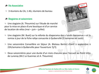 Vie Associative

   3 réunions du CA, 1 AG, réunions de bureau


   Stagiaires et saisonniers
   Une stagiaire (A. Thoumire) sur l’étude de marché
pour la mise en place d’une boutique et d’un service
de location de vélos (mai – juin – juillet)

   Une stagiaire (M. Buet) sur la refonte du diaporama des « lundis bienvenue » et la
   remise à jour de la fiche rallye consacrée à Quiberville (3 semaines en août)

   Une saisonnière Conseillère en Séjour (A. Bleteau Bertin) d’avril à septembre à
   23h/semaine à Quiberville pour l’ouverture 7j/7j

   Deux saisonnières pour une durée d’un mois chacune pour l’accueil au Point Infos
   de Luneray (M.C Le Guennec et A. Thoumire)




                                 Office de Tourisme de Quiberville-sur-Mer, Saâne et Vienne
                                               www.cc-saaneetvienne.fr/tourisme
 