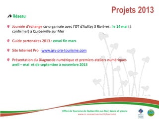 Projets 2013
Réseau

Journée d’échange co-organisée avec l’OT d’Auffay 3 Rivières : le 14 mai (à
confirmer) à Quiberville sur Mer

Guide partenaires 2013 : envoi fin mars

Site Internet Pro : www.qsv-pro-tourisme.com

Présentation du Diagnostic numérique et premiers ateliers numériques
avril – mai et de septembre à novembre 2013




                               Office de Tourisme de Quiberville-sur-Mer, Saâne et Vienne
                                             www.cc-saaneetvienne.fr/tourisme
 