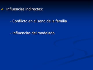    Influencias indirectas:

      - Conflicto en el seno de la familia

      - Influencias del modelado
 