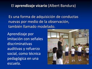 El aprendizaje vicario (Albert Bandura)

Es una forma de adquisición de conductas
nuevas por medio de la observación,
también llamado modelado.
Aprendizaje por
imitación con señales
discriminativas
auditivas y refuerzo
social, como técnica
pedagógica en una
escuela.
 