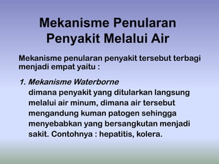 Mekanisme Penularan
Penyakit Melalui Air
Mekanisme penularan penyakit tersebut terbagi
menjadi empat yaitu :

1. Mekanisme Waterborne
dimana penyakit yang ditularkan langsung
melalui air minum, dimana air tersebut
mengandung kuman patogen sehingga
menyebabkan yang bersangkutan menjadi
sakit. Contohnya : hepatitis, kolera.

 