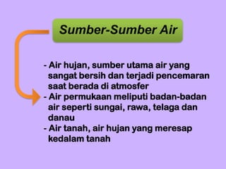 Sumber-Sumber Air
- Air hujan, sumber utama air yang
sangat bersih dan terjadi pencemaran
saat berada di atmosfer
- Air permukaan meliputi badan-badan
air seperti sungai, rawa, telaga dan
danau
- Air tanah, air hujan yang meresap
kedalam tanah

 