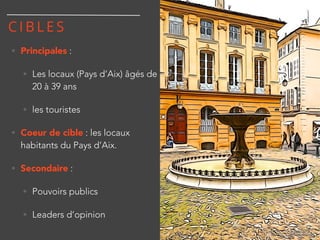 C I B L E S
• Principales :
• Les locaux (Pays d’Aix) âgés de
20 à 39 ans
• les touristes
• Coeur de cible : les locaux
ha...