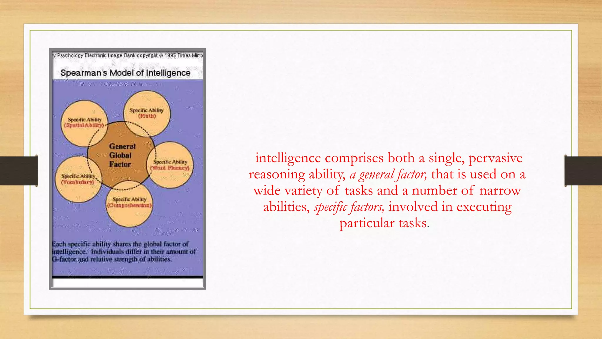 intelligence comprises both a single, pervasive
reasoning ability, a general factor, that is used on a
wide variety of tasks and a number of narrow
abilities, specific factors, involved in executing
particular tasks.
 