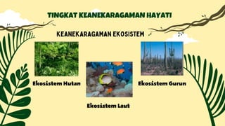 TINGKAT KEANEKARAGAMAN HAYATI
Keanekaragaman ekosistem
EkosistemHutan EkosistemGurun
EkosistemLaut
 