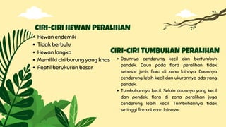 Hewan endemik
Tidak berbulu
Hewan langka
Memiliki ciri burung yang khas
Reptil berukuran besar
Ciri-ciri HEWAN PERALIHAN
Daunnya cenderung kecil dan bertumbuh
pendek. Daun pada flora peralihan tidak
sebesar jenis flora di zona lainnya. Daunnya
cenderung lebih kecil dan ukurannya ada yang
pendek.
Tumbuhannya kecil. Selain daunnya yang kecil
dan pendek, flora di zona peralihan juga
cenderung lebih kecil. Tumbuhannya tidak
setinggi flora di zona lainnya
Ciri-ciri TUMBUHAN PERALIHAN
 