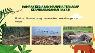 DAMPAK KEGIATAN MANUSIA TERHADAP
KEANEKARAGAMAN HAYATI
Aktivitas Manusia yang menurunkan Keanekaragaman
Hayati
1.
 