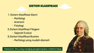 sistem klasifikasi
Sistem Klasifikasi Alami
Morfologi
Anatomi
Fisiologi
Sistem Klasifikasi Filogeni
Sejarah Evolusi
Sistem Klasifikasi Buatan
Morfologi yang mudah diamati
1.
2.
3.
Taksonomi : Ilmu yang mengkaji pengelompokan makhluk hidup.
 