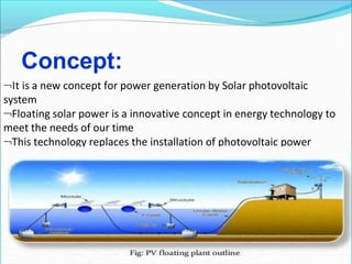 Concept:
It is a new concept for power generation by Solar photovoltaic
system
Floating solar power is a innovative concept in energy technology to
meet the needs of our time
This technology replaces the installation of photovoltaic power
plants over precious land.
 