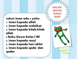 rukun iman ada 6 yaitu:
1. iman kepada allah
2. iman kepada malaikat
3. iman kepada kitab-kitab
allah
4 Buku Siswa Kelas l Ml
4. iman kepada rasul
5. iman kepada hari akhir
6. iman kepada qada' dan
qadar
MACAM-
MACAM
RUKUN
IMAN
 