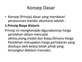 Konsep Dasar 
• Konsep (Prinsip) dasar yang mendasari 
penyusunan standar akuntansi adalah : 
1.Prinsip Biaya Historis 
Prinsip ini menghendaki digunakannya harga 
perolehan dalam mencatat 
aktiva,utang,modal dan biaya.Dimana Harga 
Perolehan merupakan harga pertukaran yang 
disetujui oleh kedua belah pihak yang 
tersangkut didalam transaksi. 
 