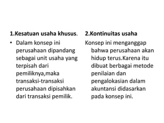 1.Kesatuan usaha khusus. 
• Dalam konsep ini 
perusahaan dipandang 
sebagai unit usaha yang 
terpisah dari 
pemiliknya,maka 
transaksi-transaksi 
perusahaan dipisahkan 
dari transaksi pemilik. 
2.Kontinuitas usaha 
Konsep ini menganggap 
bahwa perusahaan akan 
hidup terus.Karena itu 
dibuat berbagai metode 
penilaian dan 
pengalokasian dalam 
akuntansi didasarkan 
pada konsep ini. 
 