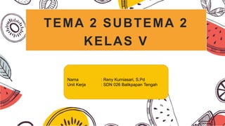 TEMA 2 SUBTEMA 2
KELAS V
Nama : Reny Kurniasari, S.Pd
Unit Kerja : SDN 026 Balikpapan Tengah
 
