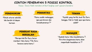 PENGHUKUM
PEMBUAT RASA
BERSALAH
TEMAN
PEMANTAU
MANAJER
“Patuhi aturan sekolah,
lalu berdiri di depan
barisan
“Berapa kali Bu Guru harus
memberi tahu kamu ? Bu Guru
kecewa sama kamu !
“Kamu sudah melanggar,
apa peraturan dan
konsekuensinya ?”
“Ayolah yang tertib, buat Bu Guru
bangga,. Kali ini tidak apa-apa kamu
salah!”
“Apakah kamu tahu kesalahanmu ?.
Kira-kira bagaimana kamu akan
meperbaiki kesalahan ini ?”
Kasus : Siswa tidak memakai atribut lengkap saat upacara bendera
CONTOH PENERAPAN 5 POSISI KONTROL
 