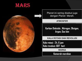 Planet ini sering disebut juga
dengan Planet Merah.
ATMOSFER
Karbon Dioksida , Nitrogen, Oksigen,
Argon, Gas lain
WARNA
KALA ROTASI DAN REVOLUSI
Kala rotasi : 24, 6 jam
Kala revolusi: 687 hari
Kemerah-merahan
 