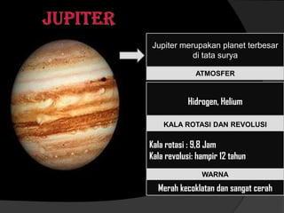 Jupiter merupakan planet terbesar
di tata surya
ATMOSFER
Hidrogen, Helium
WARNA
KALA ROTASI DAN REVOLUSI
Kala rotasi : 9,8 Jam
Kala revolusi: hampir 12 tahun
Merah kecoklatan dan sangat cerah
 