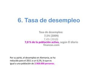 6. Tasa de desempleo
                          Tasa de desempleo:
                              7,5% (2009)
                              7,4% (2010)
              7,0 % de la población activa, según El diario
                             finanzas.com



Por su parte, el desempleo en Alemania, se ha
reducido para el 2011 a un 6,5%, lo que es
igual a una población de 2.968.000 personas.
 