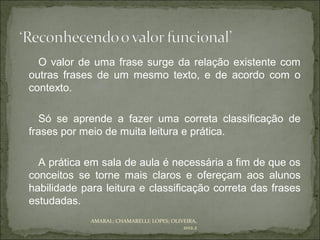 O valor de uma frase surge da relação existente com
outras frases de um mesmo texto, e de acordo com o
contexto.

   Só se aprende a fazer uma correta classificação de
frases por meio de muita leitura e prática.

  A prática em sala de aula é necessária a fim de que os
conceitos se torne mais claros e ofereçam aos alunos
habilidade para leitura e classificação correta das frases
estudadas.
             AMARAL; CHAMARELLI; LOPES; OLIVEIRA,
                                            2012.2
 