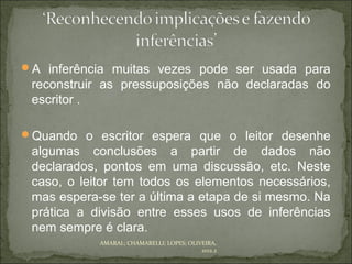 A inferência muitas vezes pode ser usada para
 reconstruir as pressuposições não declaradas do
 escritor .

Quando o escritor espera que o leitor desenhe
 algumas conclusões a partir de dados não
 declarados, pontos em uma discussão, etc. Neste
 caso, o leitor tem todos os elementos necessários,
 mas espera-se ter a última a etapa de si mesmo. Na
 prática a divisão entre esses usos de inferências
 nem sempre é clara.
            AMARAL; CHAMARELLI; LOPES; OLIVEIRA,
                                           2012.2
 