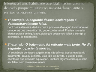  1º exemplo: A segunda dessas declarações é
 demonstravelmente falsa.
 Será que estamos a deduzir que a primeira afirmação é verdadeira?
 ou apenas que o escritor não pode contestá-la? Precisamos estar
 alertas para a ambiguidade, para que possamos voltar e corrigir a
 inferência, se necessário.

 2º exemplo: O tratamento foi retirado mais tarde. No dia
 seguinte, o paciente morreu.
  A sequência de frases sugere, mas não afirma, que a retirada do
 tratamento causou a morte. Este tipo de dúvida, é usada pelos
 escritores que desejam equivocar - implicar alguma coisa que sabe
 ser falsa, sem realmente mentir.
                 AMARAL; CHAMARELLI; LOPES; OLIVEIRA,
                                                2012.2
 